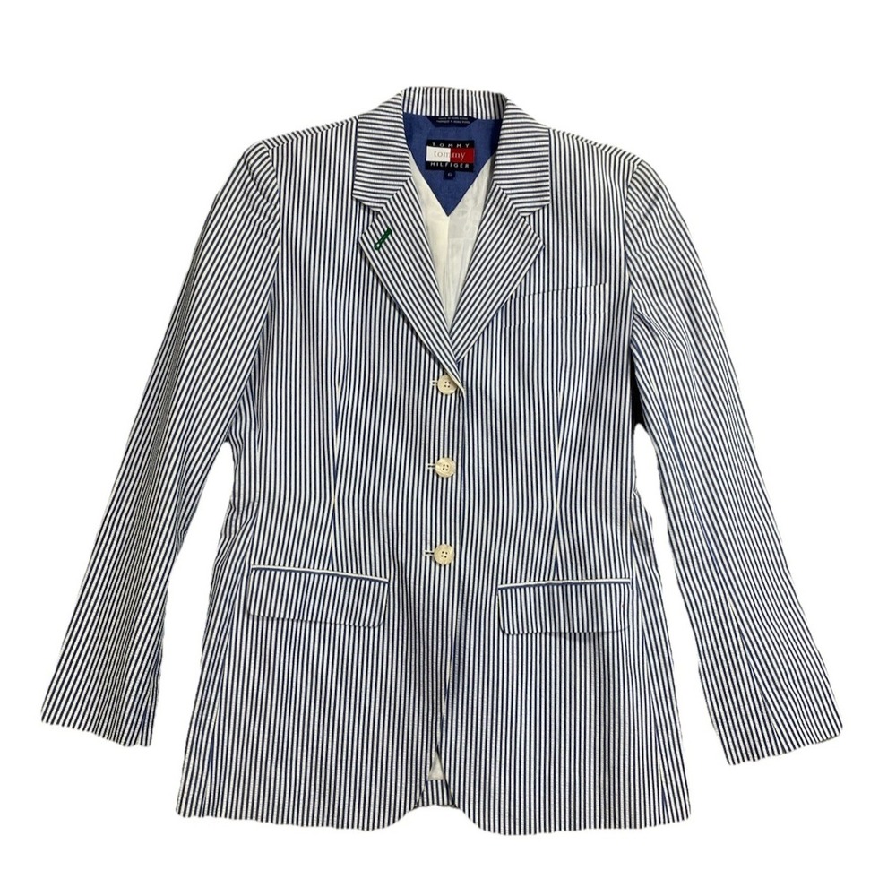 Tommy Hilfiger Seersucker Stripe Blazer Womens 6 Blue White Cotton Jacket